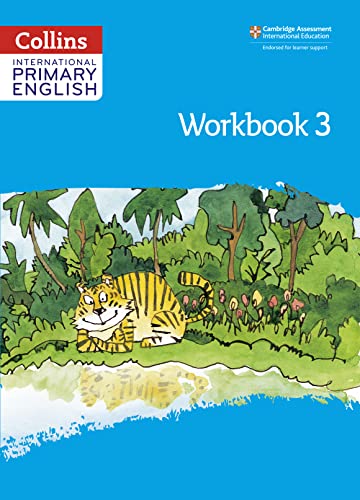 Collins International Primary English Workbook 3 cover featuring an illustrated tiger by a pond.