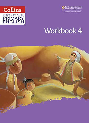 Collins International Primary English Workbook 4 cover featuring an illustration of three indigenous people.
