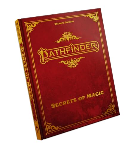 Red hardcover book, “Pathfinder Secrets of Magic,” gold lettering and details.