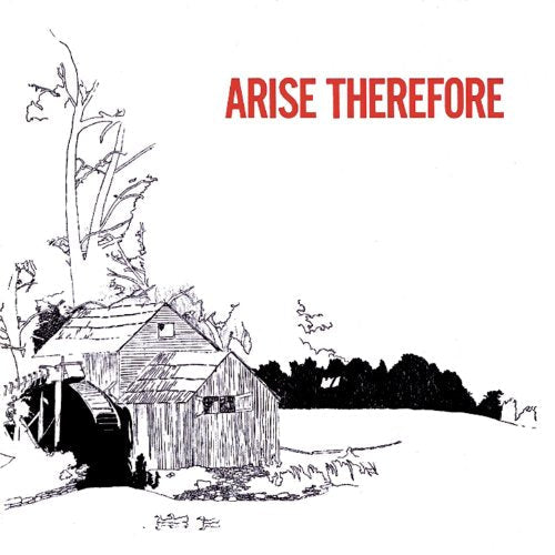 Black and white sketch of a building and trees, album cover art.