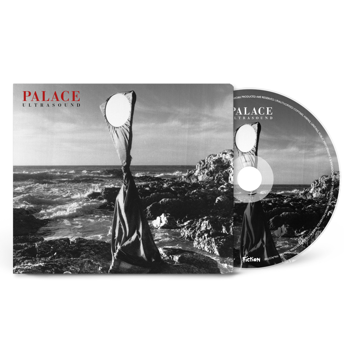 CD case for Palace’s “Ultrasound” album, black and white coastal imagery.