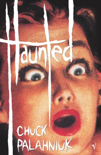 Close-up of a woman’s startled face with bold white and red text.