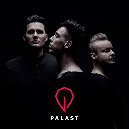 Three men in black shirts against a dark background with a red logo below.
