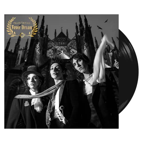 Black and white album cover featuring three band members in front of a cathedral.