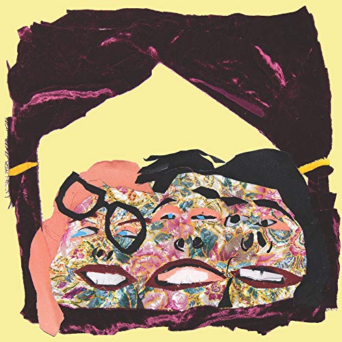 Collage art of three faces with patterned skin under a dark velvet curtain.