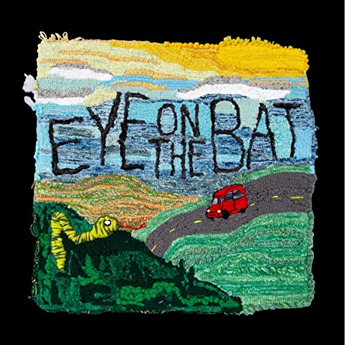 Textured landscape with a red car, caterpillar, and the title "EYE ON THE BAT".