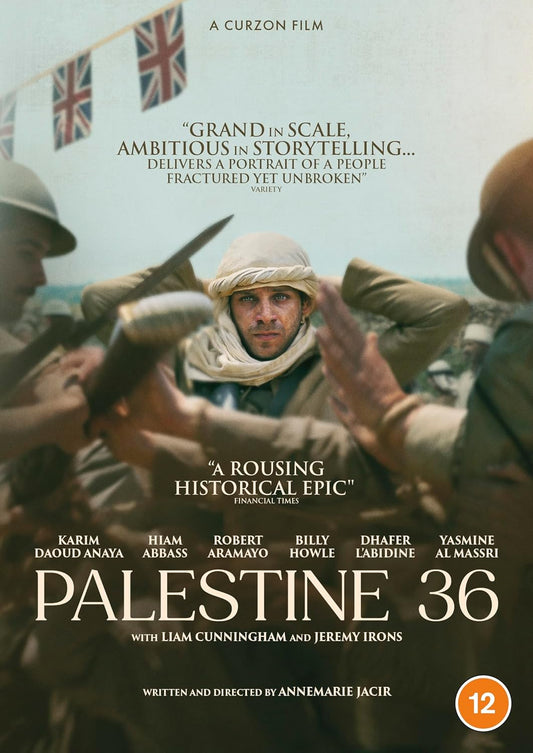 DVD cover for Palestine 36 featuring a man in a headscarf surrounded by soldiers.