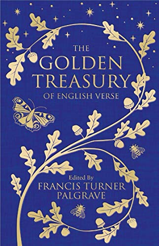 Blue book cover featuring gold oak branches, acorns, a butterfly, bees, and starry sky.
