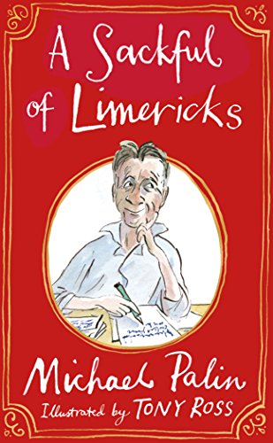 Red book cover with a cartoon man writing, surrounded by ornate border and white text.