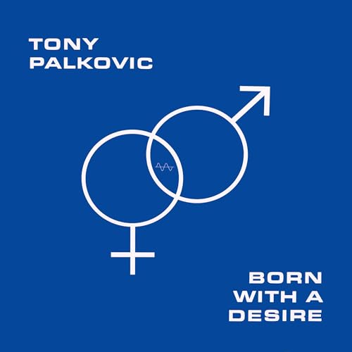 Album cover with white text and male-female gender symbols on a blue background.