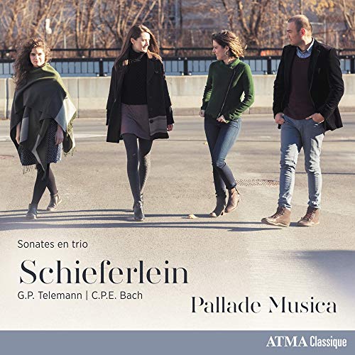 CD cover with four people standing outdoors, text "Schieferlein" and "Pallade Musica".