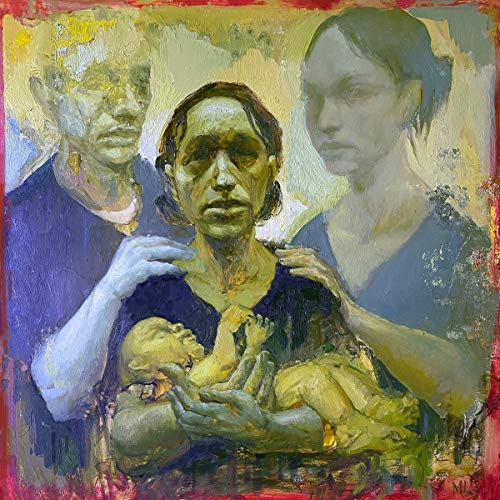 The image depicts an oil painting of three people and a baby. For accessibility purposes, a suitable alt text could be: "Oil painting of three figures surrounding a baby."
