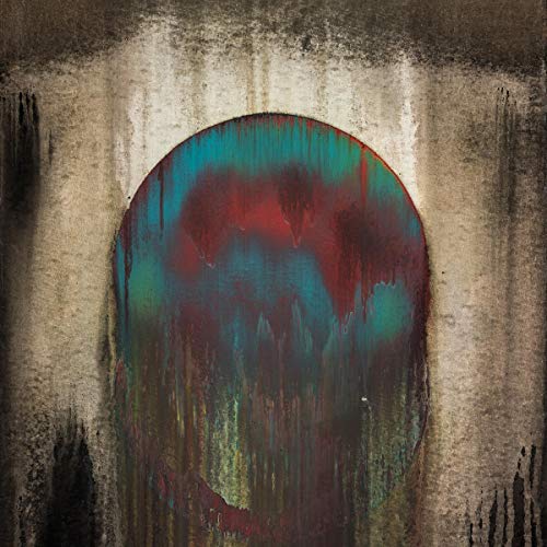 Abstract album cover with a central blue and red circular design.