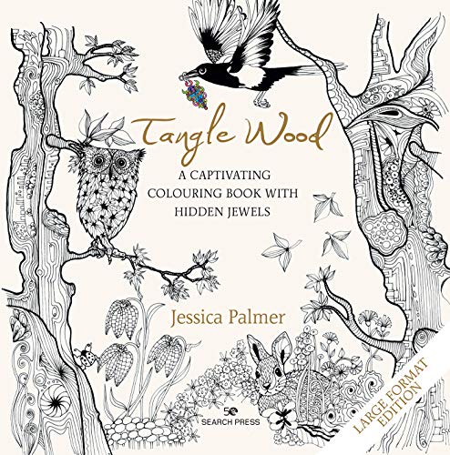 Intricate black and white illustration of birds, owl, and woodland creatures.