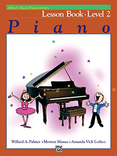 Cover of Alfred's Basic Piano Library Lesson Book 2 featuring a piano and cartoon characters.