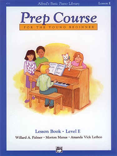 Cover of Alfred's Basic Piano Prep Course Lesson Book E with children playing piano.