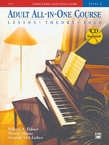 Cover of Alfred's Adult All-in-One Piano Course Level 2 book featuring a grand piano.