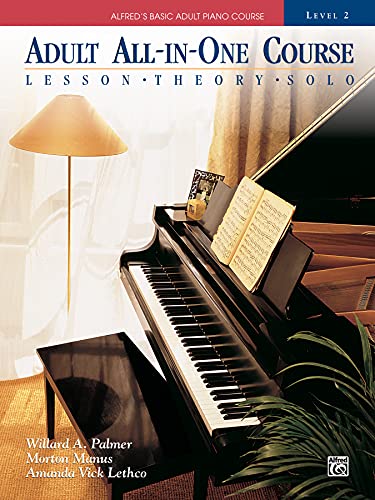 Cover of Alfred's Basic Adult All-in-one Piano Course Level 2 featuring a grand piano.
