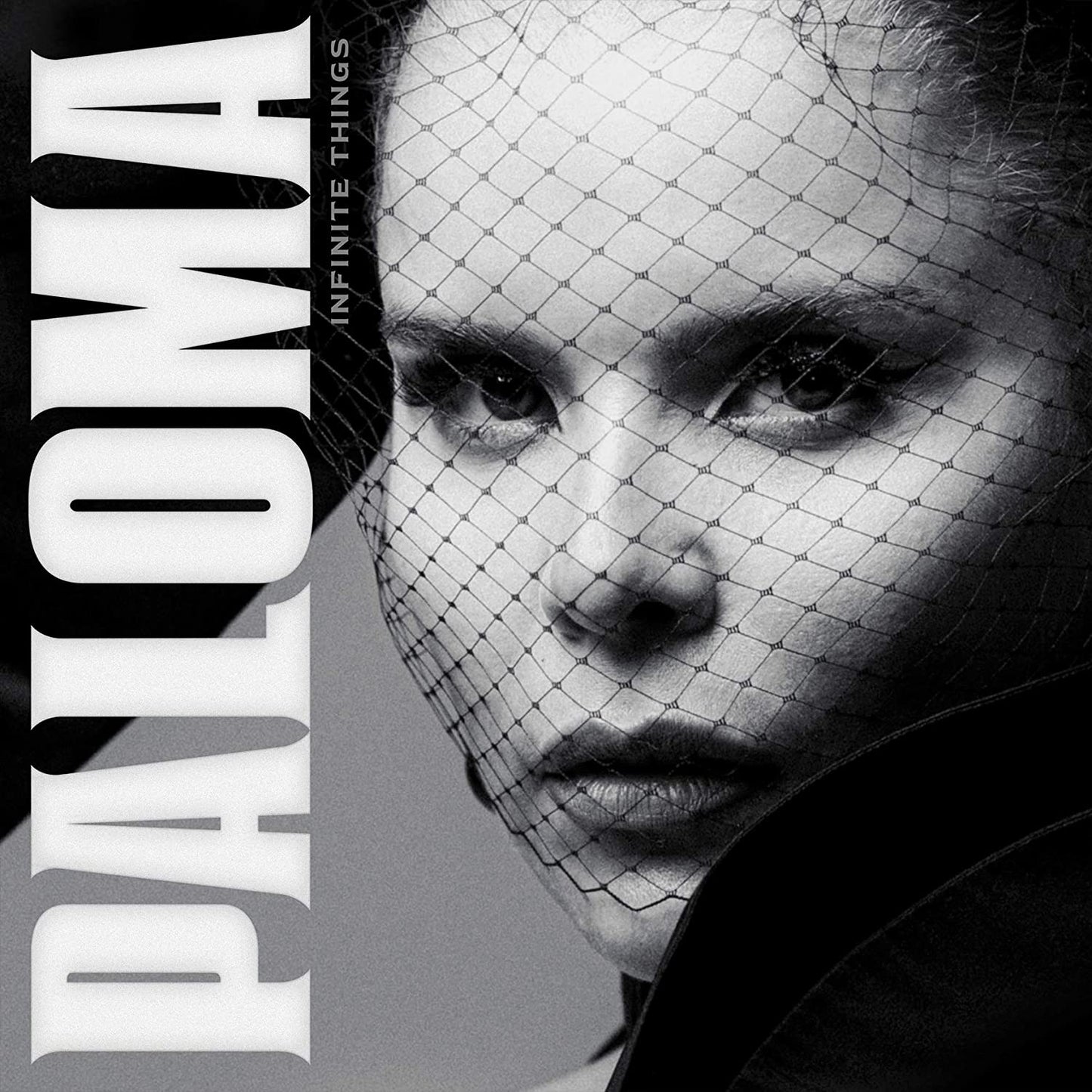"Album cover featuring a black-and-white portrait of a woman behind a mesh veil."