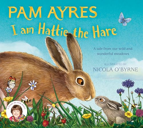 Book cover featuring a brown hare and its baby in a meadow.