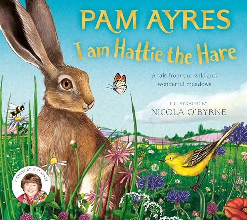 Book cover featuring a brown hare, butterfly, and colorful meadow scene.