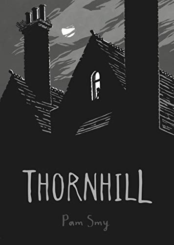 Black and white illustration of a dark, imposing building under a moonlit sky.
