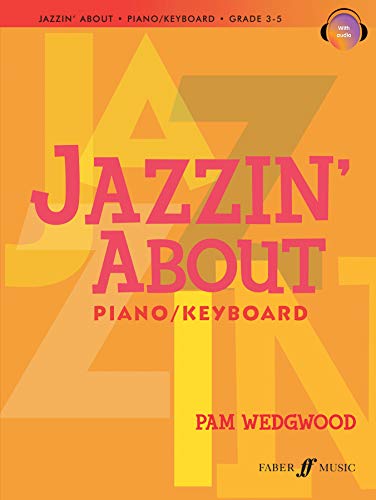 Jazzin' About Piano" book cover with bold yellow and orange lettering.