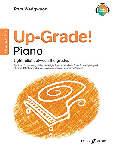 Piano music book cover with orange swirl and sketched piano keys.