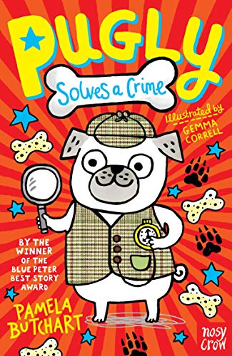 Cartoon pug detective with magnifying glass, wearing a hat and vest.