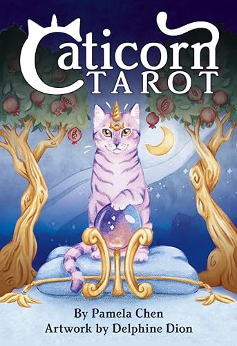 Purple cat with a unicorn horn gazes from a mystical landscape.