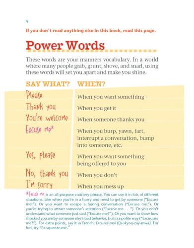 Book page with yellow sticky notes listing polite phrases and “power words.”