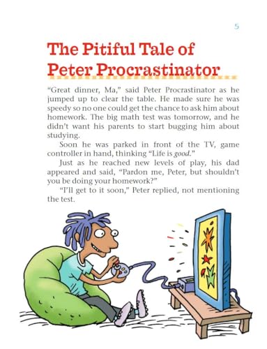 Cartoon of a boy playing video games, avoiding homework, with text.