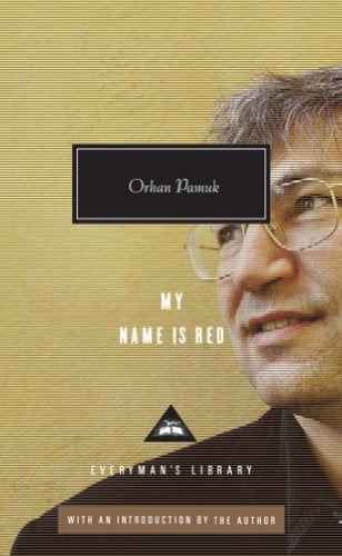 Book cover: "My Name is Red" by Orhan Pamuk, with author portrait.
