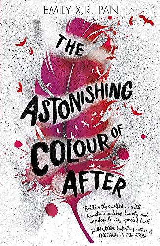 Book cover with a large pink feather, birds, and bold black text.