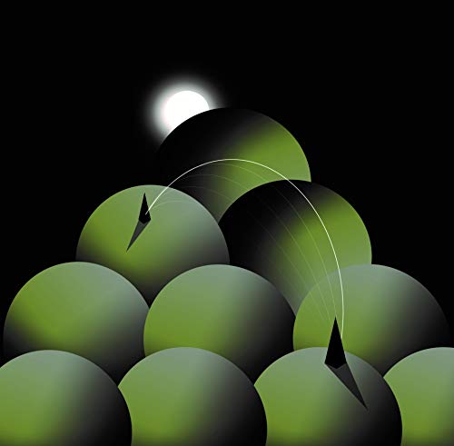 Green spheres and white arcs against a black background, vinyl record visible.