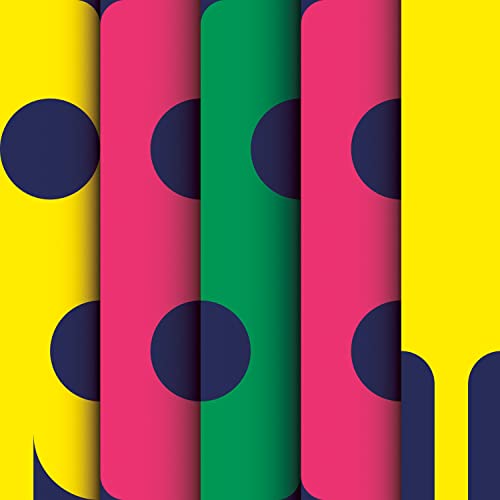 Colorful vertical stripes with dark blue circles, album art.