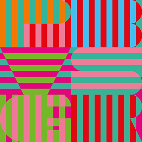 Colorful abstract vinyl record cover with geometric shapes and stripes.