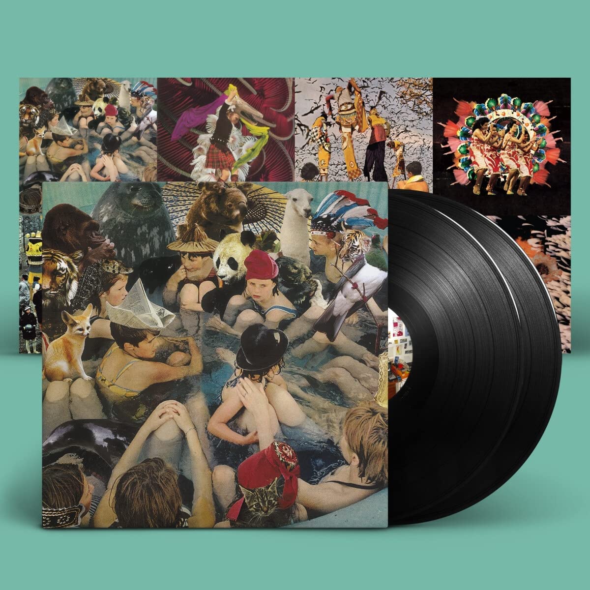 Vinyl record with collage album cover featuring people, animals, and hats.