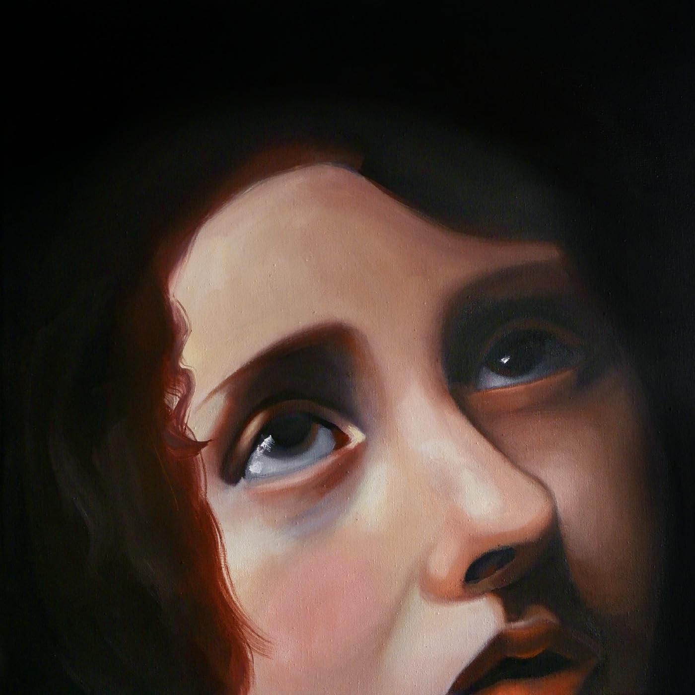 Painted close-up of a woman’s face with intense, upward-looking eyes.