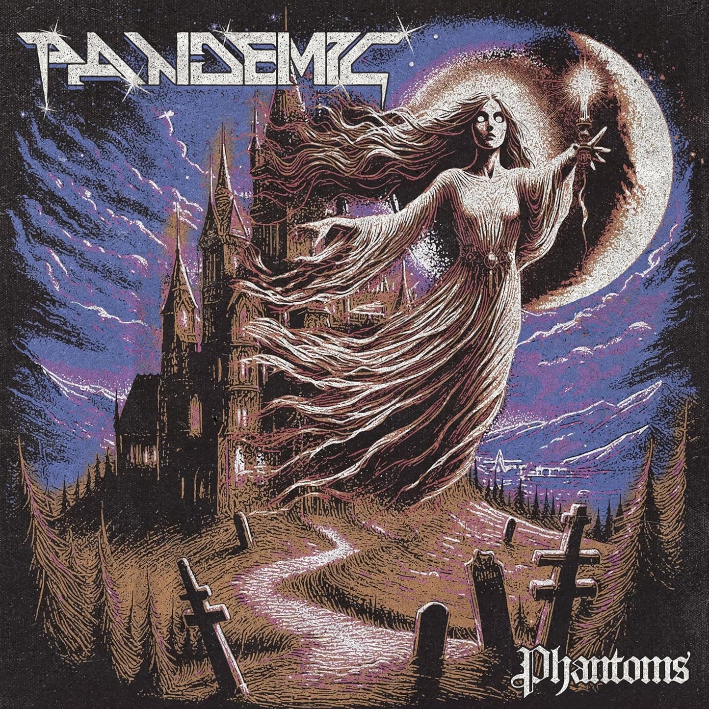 A ghostly woman holds a candle before a gothic castle, graveyard, and crescent moon.