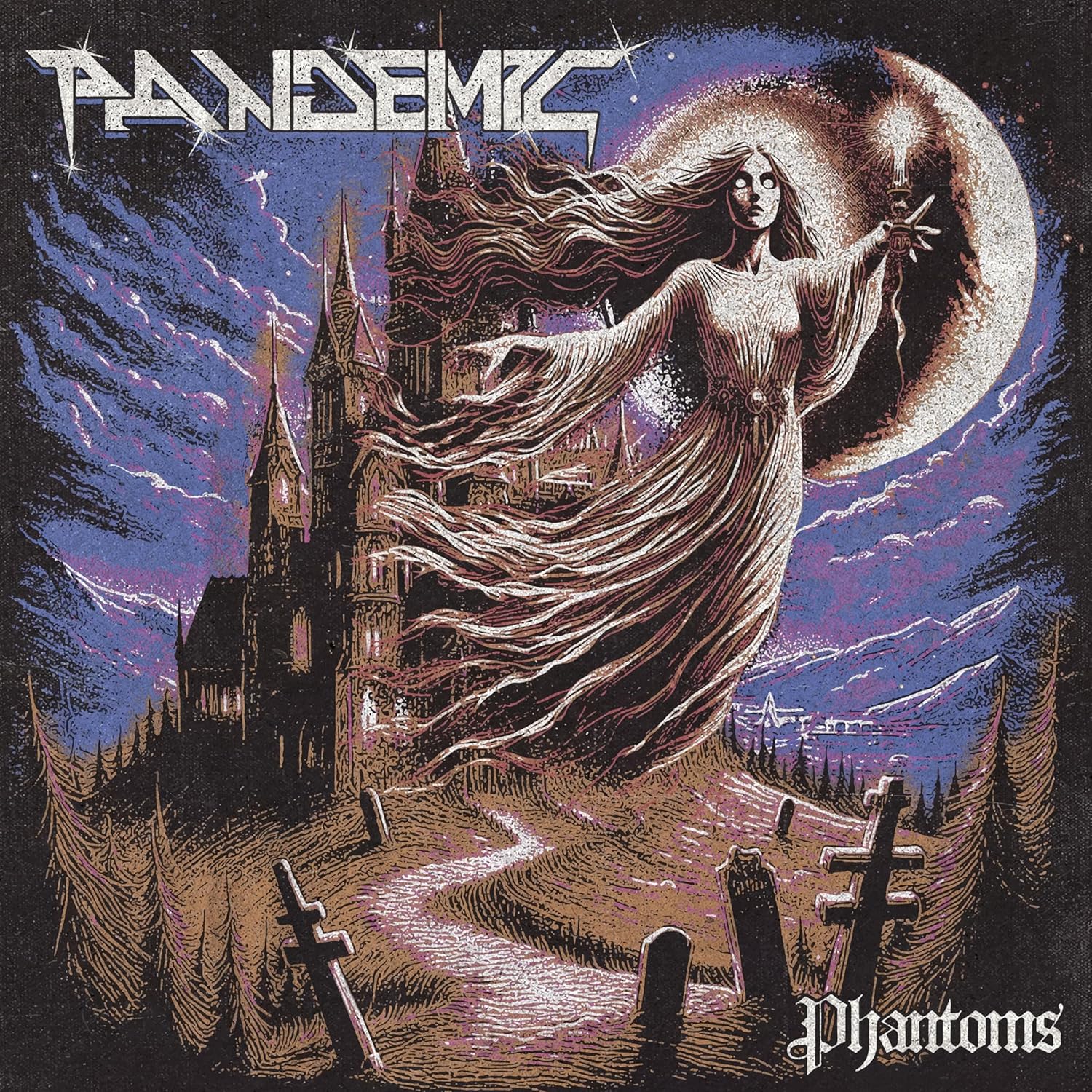 A ghostly woman holds a candle before a gothic castle, graveyard, and crescent moon.