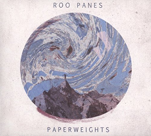 CD cover for Roo Panes’ “Paperweights” with swirling blue sky and mountains.