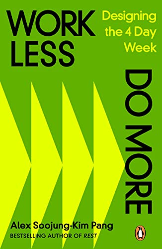 Book cover with green and yellow geometric design, text “Work Less, Do More”.