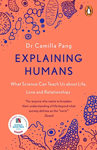 Book cover of Explaining Humans by Dr. Camilla Pang with orange background and illustrations.