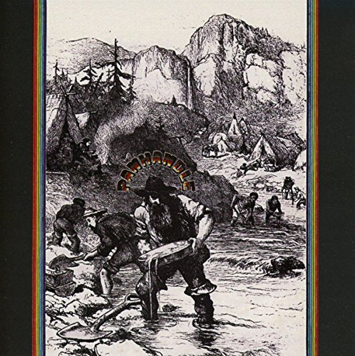 Vintage-style illustration of gold miners in a mountainous landscape.