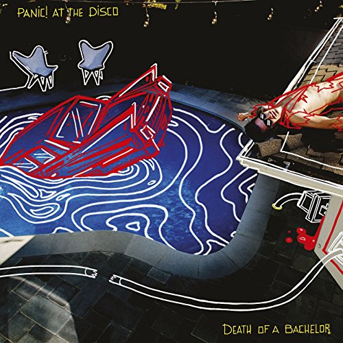 Panic! At The Disco album cover: surreal pool scene with red lines.