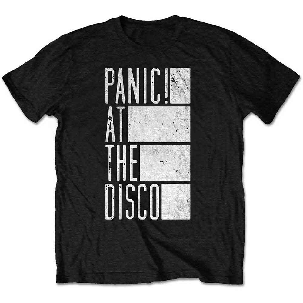 Black t-shirt with “Panic! At The Disco” and “Bars” graphic, size large.