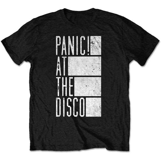 Black t-shirt with “Panic! At The Disco” and “Bars” graphic, size large.