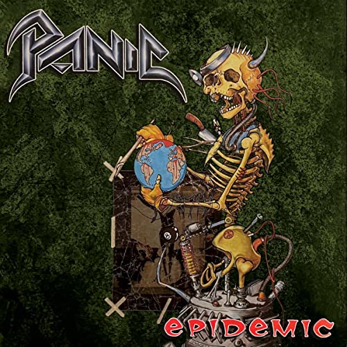 Album cover: skeleton with a globe, titled “Panic - Epidemic.”