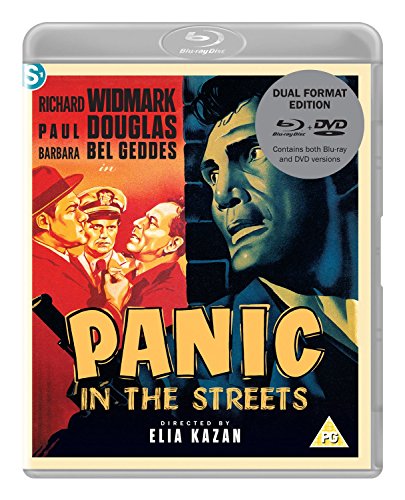 Panic In The Streets" Blu-ray cover featuring film noir imagery and actors.